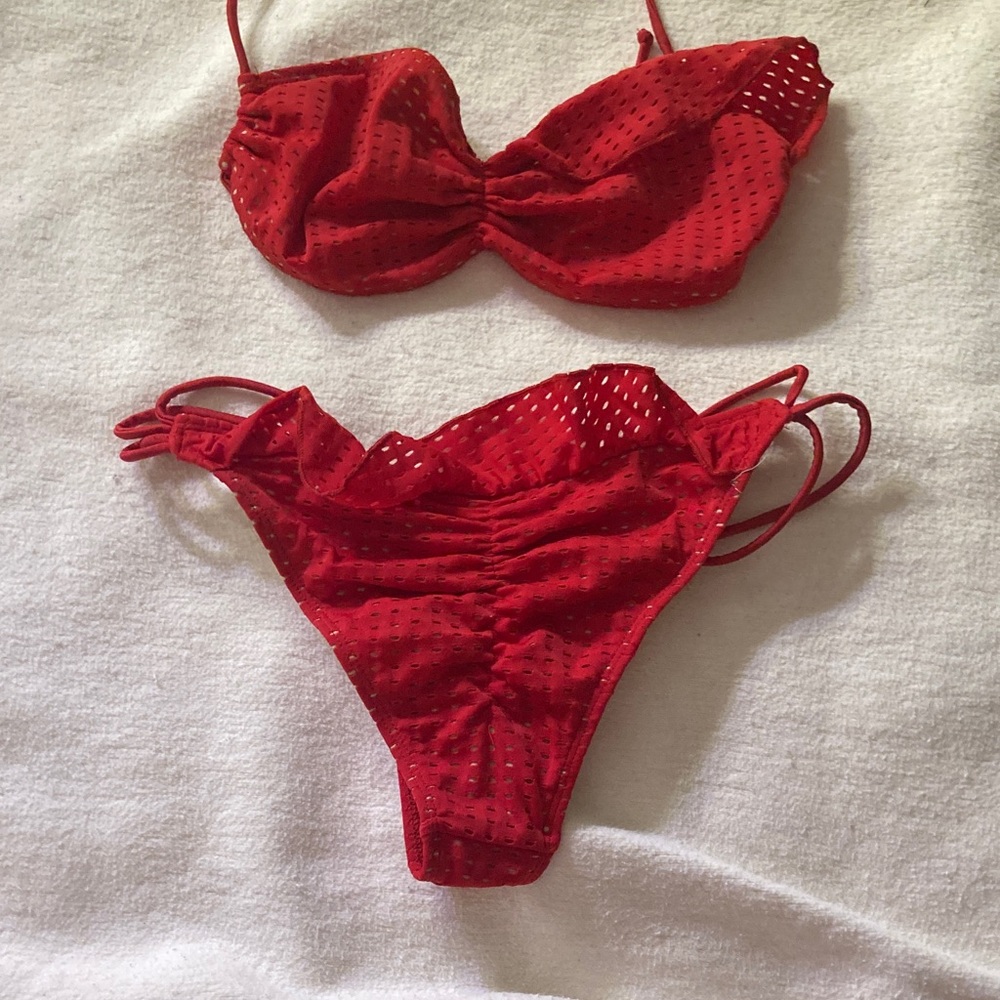 Tyler Rose Perforated Red Ruffle Bikini Set - Picture 9 of 10